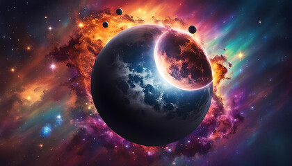 Obraz premium Planeten Monde Sonne Sterne in bunt leuchtenden Galaxien ferner Welten Weltall All Kosmos, Phänomene des Universum, kosmische Stürme, Flammen Feuer und Energie unendlicher Weiten, Hintergrund Vorlage