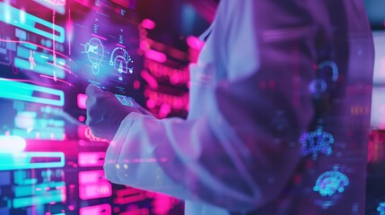 Closeup half body of a clinical researcher with Glow HUD big icon of clinical trials