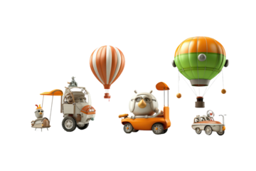 Whimsical Journey: A Group of Hot Air Balloons Soaring With Animals on White or PNG Transparent Background.