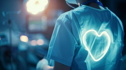 Closeup half body of a recovery nurse with Glow HUD big icon of a recovery room