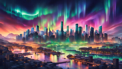 Fototapeta premium Polarlichter Nordlichter Borealis leuchtend über einer modernen Stadt am Himmel der Nacht, fantasievoll leuchtender Sonnensturm aus Neutrinos in der Atmosphäre der Erde, Phänomene des Sommer