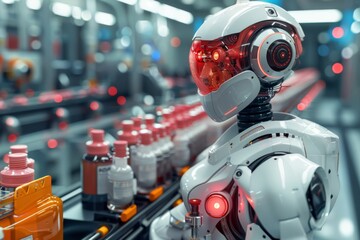 Fototapeta premium Robot in the organic cosmetics industry, skincare products are bottled on the conveyor of a factory production line, selective focus.