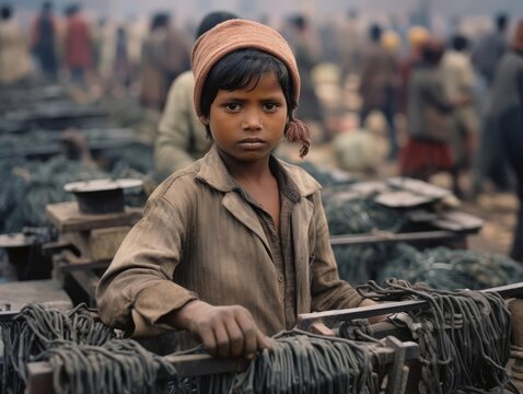 Portrait of a young boy working in a factory.