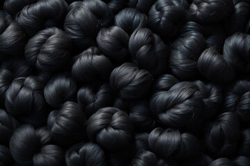 Close-up image portraying intricate braiding of black ropes or hair displaying craftsmanship and texture