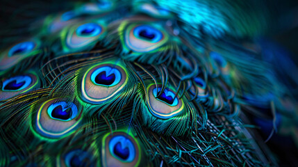 Surreal texture of peacock feathers, vibrant blues and greens, luxurious and exotic