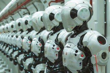 AI robots in a row, production factory