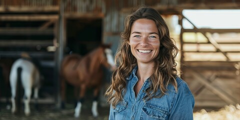 Fototapeta premium A young woman is smiling in a barn with two horses in the background.