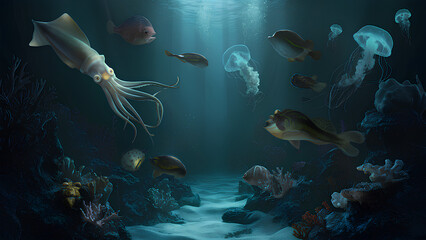 Enchanting deep-sea realm with giant squid, luminous jellyfish, and eerie anglerfish.