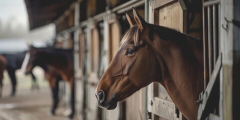 A brown horse stands in a stall, with other horses in the background.