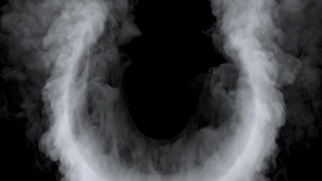 Animation of rising smoke colliding a circle sphere shape on black background.