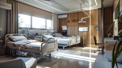 A hospital room with two beds and a monitor. The room is calm, with soft lighting and the monitor displaying vital signs