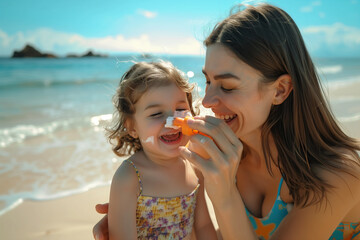 a lovely young mother applying sunblock SPF cream to her cute little daughter's nose at the beach, both smiling with joy. The warmth and care as the mother protects her child's del