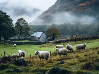 Fototapeta premium sheep in the green field on the background of mountains