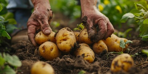 Farmers harvesting organic potatoes, with a focus on their hands and the rich soil.