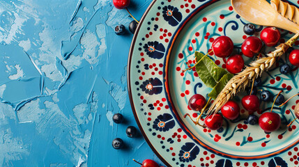 Plate with tasty churchkhela on blue background closeu