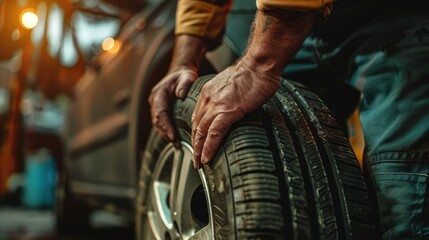  male car mechanic changing tire