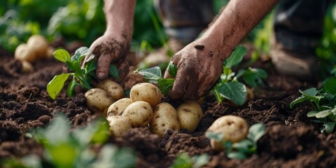 Organic potatoes being harvested manually from the soil.