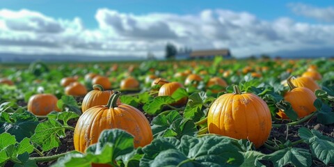 Organic pumpkins growing in a field, with a farmhouse visible in the distance.