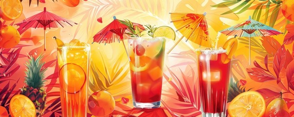Vibrant Fruit Cocktails Under Sunny Umbrellas