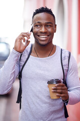 Happy, black man and phone call with coffee for student talking about class on morning commute to university. African male student and smile with smartphone for travel, communication and contact
