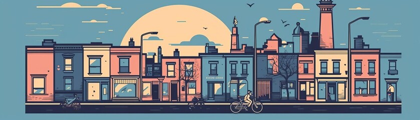 Fototapeta premium Small town, a cityscape with colorful houses and a lighthouse.