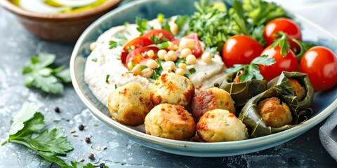 Savor the Mediterranean flavors with a mezze plate featuring hummus, falafel, and stuffed grape leaves. Concept Mediterranean Cuisine, Mezze Platter, Hummus, Falafel, Stuffed Grape Leaves