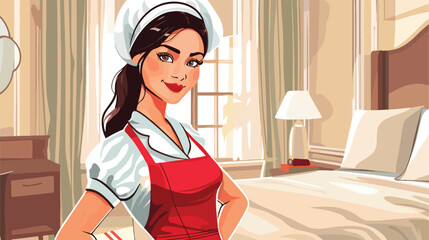 Portrait of beautiful chambermaid in hotel room Vector