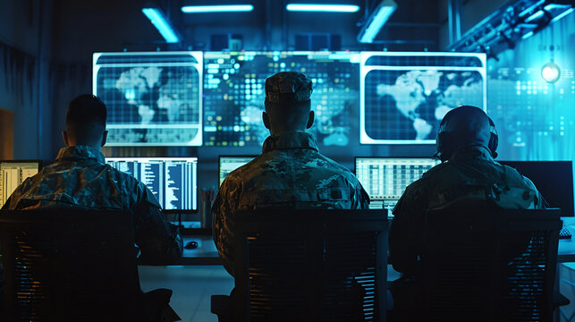 Military personnel monitoring global activity in a command center
