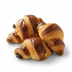Three chocolate croissants arranged neatly on a plain white background