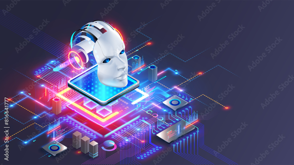 Poster AI integrated in computer Processor. AI robot head or face over electronic chip or CPU on motherboard. Artificial intelligence technology in electronic chip on pcb board. AI chip technology concept.