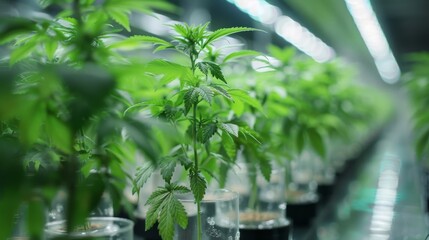 Rows of cannabis plants in a hydroponic setup inside a laboratory