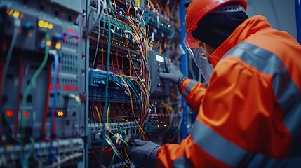 an intense close-up scene of a professional electrician in safety gear meticulously working on a complex electrical panel