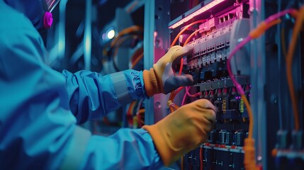 an intense close-up scene of a professional electrician in safety gear meticulously working on a complex electrical panel