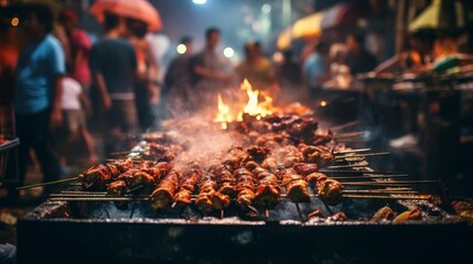 Street food market with delicious grilled meat skewers.