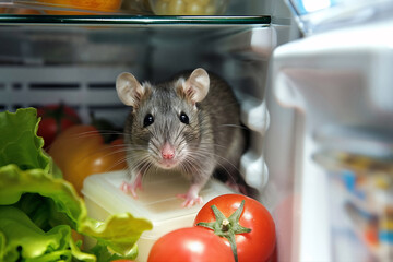 Rat in the kitchen fridge searching for food. Generative AI image.