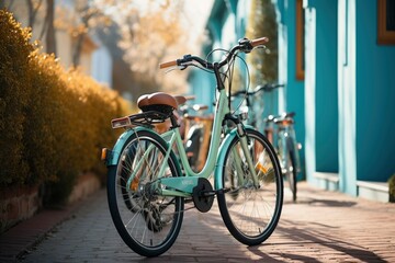 classic blue bicycle parked in an alley. generative ai
