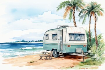 Retro Travel Trailer watercolor clipart. Summer Holiday illustration