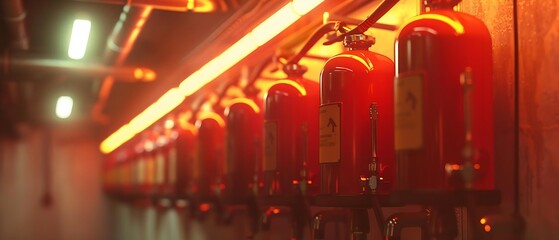 Row of fire extinguishers mounted on a wall in an industrial setting, bright emergency lights in the background