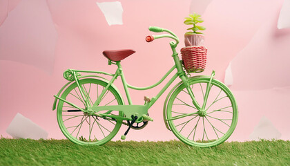 Fototapeta premium Illustration of a green bicycle and world globe earth. World Bicycle Day. Environment preservation. indoors image.