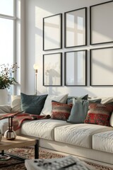 Fototapeta premium Modern minimalistic living room in a mix of bohemian, scandinavian, nordic and baroque style. Mockup with a wall frame poster background. Interior design inspiration for a magazine, decoration
