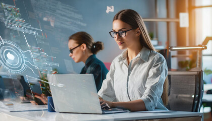 Programmer people working on laptop, smartphone with AI, Artificial Intelligence software engineer coding on laptop computer. Technology, code, big data, Ai bot digital machine. High resolution image.