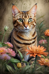 Bengal Cat Sketch Color Wall Art. Advertising signs. Product design. Product sales. Fabric design, Digital printing, Prints Room Decoration.