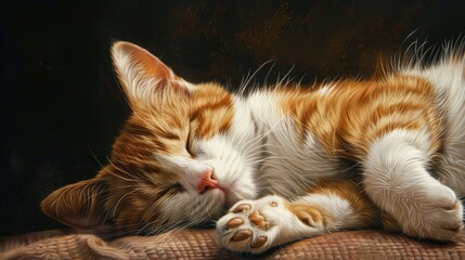 Brown and white cat napping