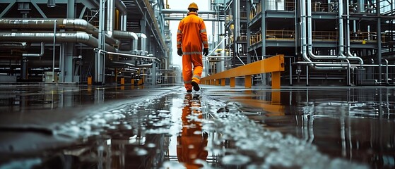 Worker in orange safety jumpsuit and helmet walking away in an industrial chemical plant, focus on safety and industrial work environment