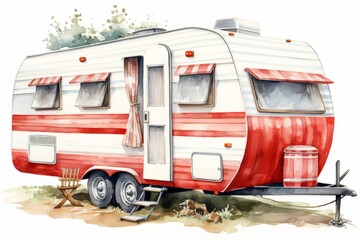 Retro Travel Trailer watercolor clipart. Summer Holiday illustration