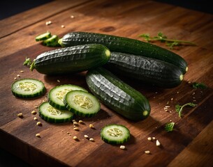 fresh cucumbers on a wooden board