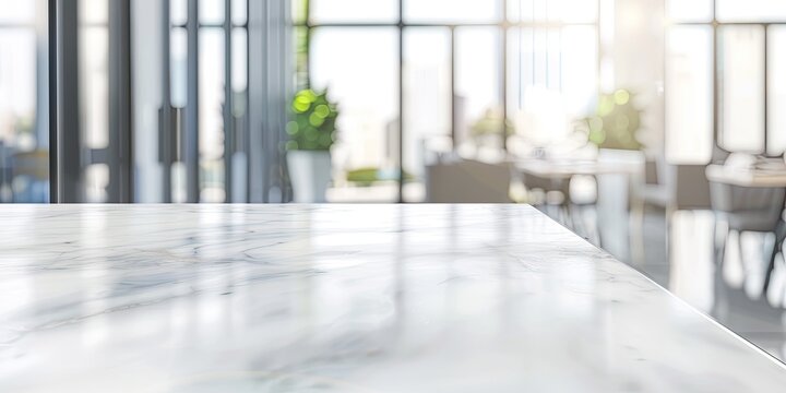 Marble table top with a blurred background of a modern office. The scene is brightly lit with natural light and indoor plants, creating a sleek and professional environment for product presentation.