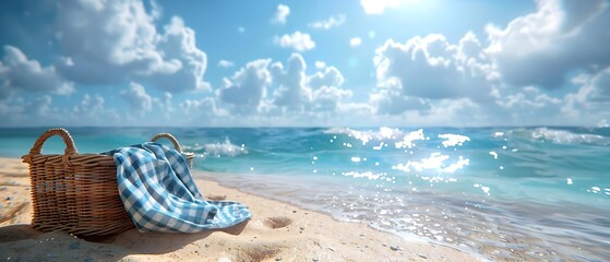 A wicker picnic basket with a blue and white checkered cloth partially draped over it, placed on a sandy beach