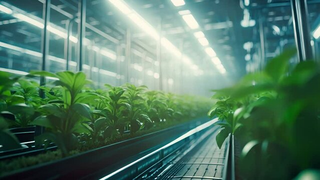 Plant grow in hi-tech controlling environment with bright light in research and experiment theme, concept for future agricultural, vertical farming, high- tech garden tools, hydroponic gardens	