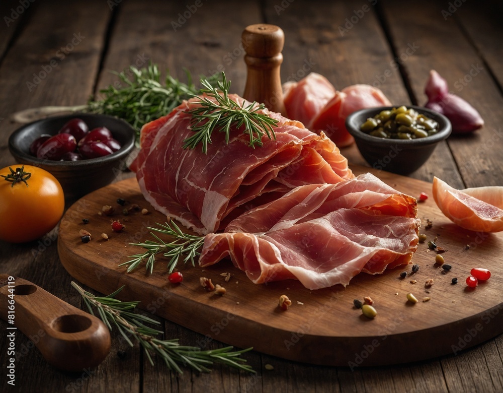 Wall mural jamon with spices on a wooden cutting board